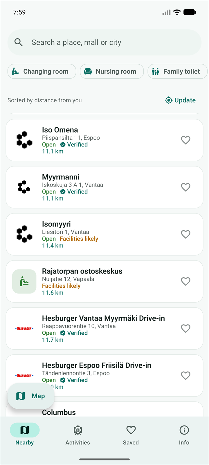 Nookin lista lähimmistä paikoista etäisyyden mukaan